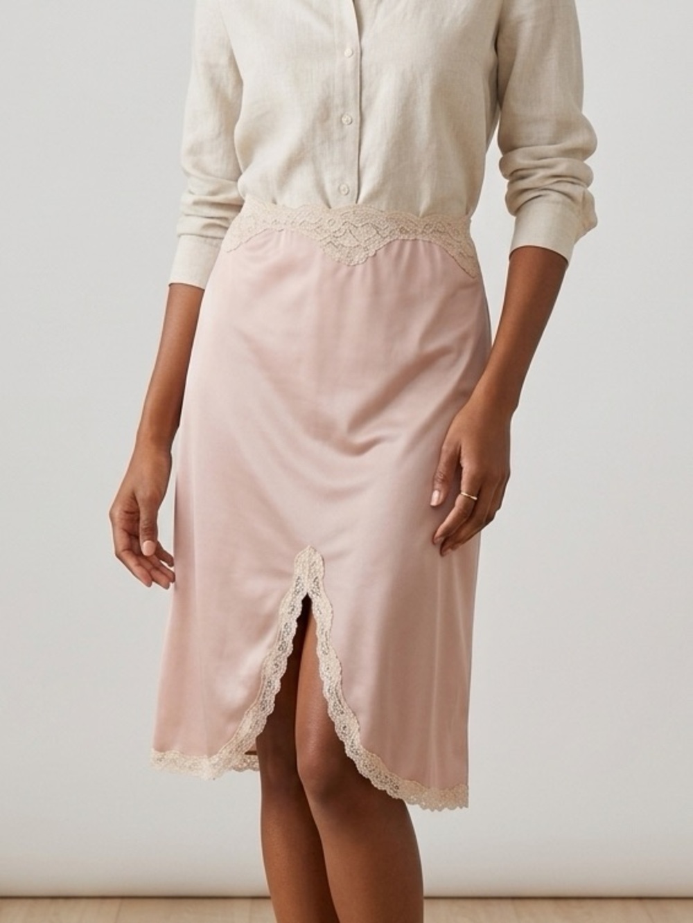 Vintage SHADOWLINE Mauve Pink Cream Lace Trim Half Slip Skirt Small